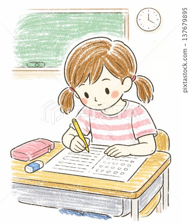 一個小女孩正在教室裡考試。 一個小女孩正在教室裡考試。 137679895