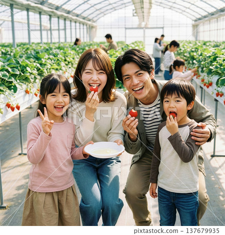 A smiling family enjoying strawberry picking. 137679935