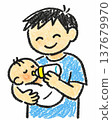A scene of a father feeding his baby milk. 137679970
