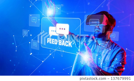Engaging Young Man in Virtual Reality Setting with Smart Glasses, Interacting with Feedback Interface and Digital Icons in Futuristic Environment. Raster 137679991