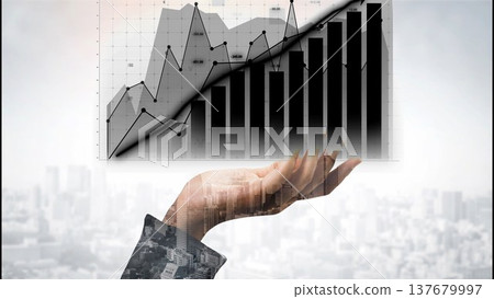 Abstract concept of financial growth with hand holding upward trending graph symbolizing success in business and investment in a modern city landscape Copula Abstract concept of financial growth with hand holding upward trending graph symbolizing success in business and investment in a modern city landscape Copula 137679997