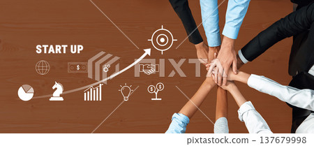 Collaborative Hands Symbolizing Startup Success with Icons of Growth, Finance, and Innovation on Wooden Table Background Trope Collaborative Hands Symbolizing Startup Success with Icons of Growth, Finance, and Innovation on Wooden Table Background Trope 137679998
