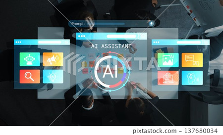 Business meeting with AI assistant interface showcasing technology, creativity, and collaboration for innovative solutions and strategic planning Gluon 137680034