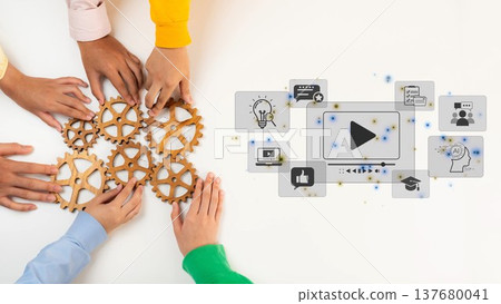 Collaborative Hands Working on Gears with Digital Media Icons in Modern Workspace, Symbolizing Teamwork and Innovation in Business Environment. Raster 137680041