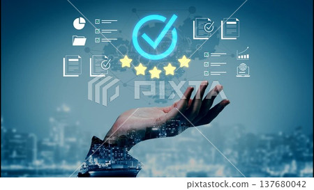 Hand Reaching Outward with Digital Symbols Representing Quality Assurance, Ratings, Success, and Documentation in a Modern Business Environment Gluon Hand Reaching Outward with Digital Symbols Representing Quality Assurance, Ratings, Success, and Documentation in a Modern Business Environment Gluon 137680042