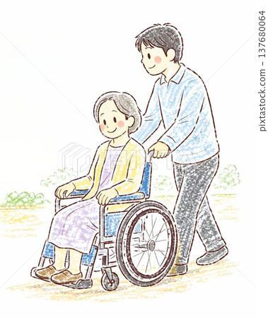 A son pushing his elderly mother in a wheelchair. 137680064