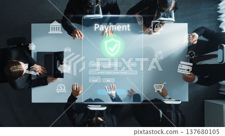 Innovative Digital Payment Process Illustrated with Secure Transaction Interface and Professional Business Team Collaborating Around Conference Table. Raster 137680105