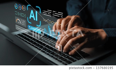 Hands Typing on a Laptop with AI Graphics and Digital Interface Representations for Technology and Innovation Concepts in Modern Workspace Gluon 137680195