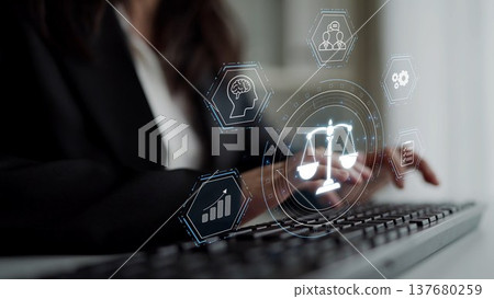 Digital law interface displaying justice scale, highlighting digital law Muxer 137680259