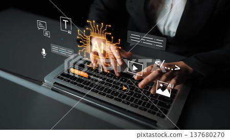 Hands typing on laptop with glowing AI icons, technology concept, digital transformation, innovation, modern workspace, artificial intelligence visuals Gluon Hands typing on laptop with glowing AI icons, technology concept, digital transformation, innovation, modern workspace, artificial intelligence visuals Gluon 137680270