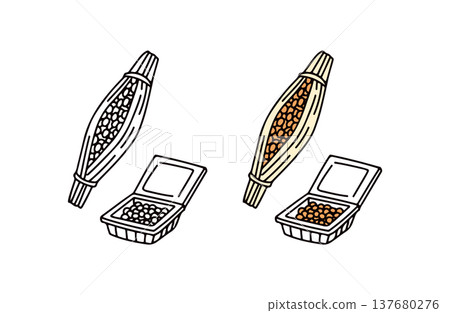 一組彩色和黑白納豆（發酵大豆）插圖。 137680276
