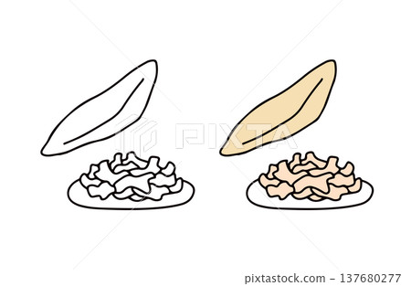 A set of illustrations of bonito flakes in color and black and white. A set of illustrations of bonito flakes in color and black and white. 137680277
