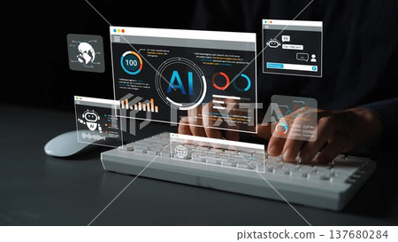 Innovative User Interacting with Futuristic Interface Displaying Data and Artificial Intelligence Metrics on a Modern Computer Keyboard Gluon 137680284