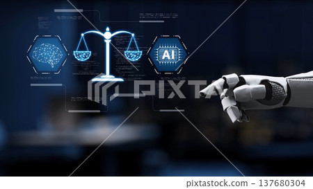 Futuristic Digital Representation of AI and Ethical Considerations in Law with Robotic Hand Interacting with Justice Symbols in a Modern Office Synapse 137680304