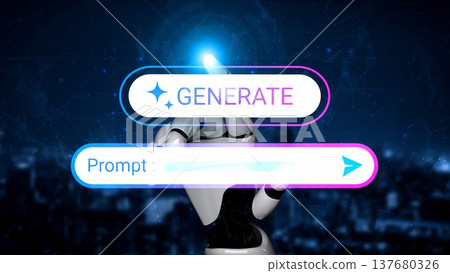 Futuristic Robot Hand Interacting with Digital Interface for Generating Prompts and Commands in AI Environments and Technology Concepts Gluon Futuristic Robot Hand Interacting with Digital Interface for Generating Prompts and Commands in AI Environments and Technology Concepts Gluon 137680326