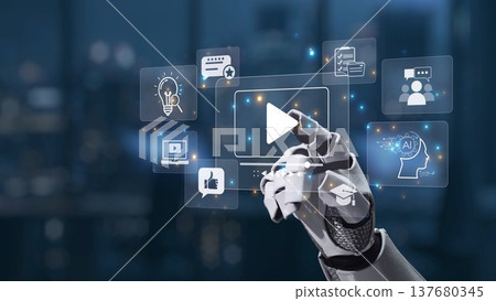 Robotic Hand Interacting with Digital Media Icons and Social Engagement Symbols in a Futuristic Setting Synapse 137680345