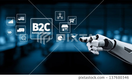 Advanced Robotic Hand Interacting with Business to Consumer Icons in Modern Digital Market Environment for Innovative Technology Concept Synapse Advanced Robotic Hand Interacting with Business to Consumer Icons in Modern Digital Market Environment for Innovative Technology Concept Synapse 137680346