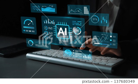 Futuristic Dashboard Displaying AI Data and Analytics with User Interacting on Keyboard, Technology Concept of Machine Learning and Digital Transformation Gluon Futuristic Dashboard Displaying AI Data and Analytics with User Interacting on Keyboard, Technology Concept of Machine Learning and Digital Transformation Gluon 137680349