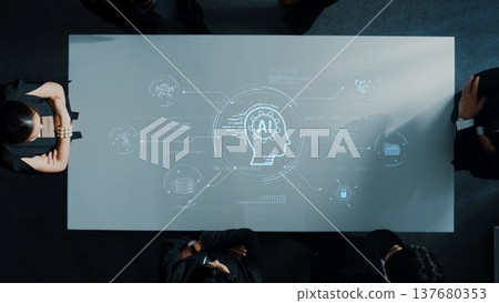 Business meeting discussing artificial intelligence concepts with digital projection on conference table for innovation and strategy planning. Raster Business meeting discussing artificial intelligence concepts with digital projection on conference table for innovation and strategy planning. Raster 137680353