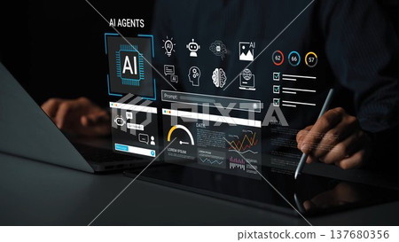 Futuristic Display of AI Agents with Data Visualization and User Interaction in a Digital Workspace Environment Gluon 137680356