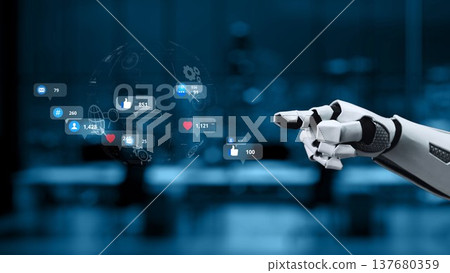 Robotic Arm Interacting with Social Media Icons and Data Metrics in a Futuristic Office Environment Synapse Robotic Arm Interacting with Social Media Icons and Data Metrics in a Futuristic Office Environment Synapse 137680359