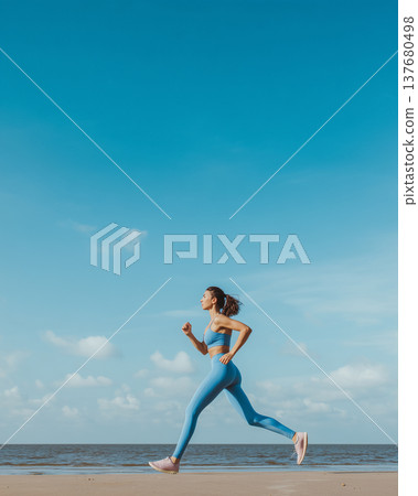 A young woman running on the beach. Running, blue sky, beach, health, exercise. A young woman running on the beach. Running, blue sky, beach, health, exercise. 137680498