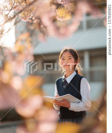 A female student holding a book in front of cherry blossoms; a spring scene at school. 137680801