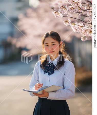 一名女學生手持一本書，站在櫻花樹下；這是校園裡的春日景象。 137680802