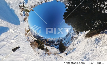 Tiny Planet Alpine Valley View with Ski Poles and Snowy Terrain Tiny Planet Alpine Valley View with Ski Poles and Snowy Terrain 137680832