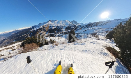 Alpine Skier POV Resting on Snowy Mountain Ridge with Panoramic View Alpine Skier POV Resting on Snowy Mountain Ridge with Panoramic View 137680833
