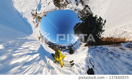 360 Tiny Planet of Alpine Skier Sitting on Snowy Mountain Slope 360 Tiny Planet of Alpine Skier Sitting on Snowy Mountain Slope 137680835