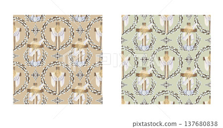 Religious Easter seamless pattern with cross surrounded by willow branches and Easter eggs. Watercolor spring design o colored background for for church, greeting card, print, textile, packaging Religious Easter seamless pattern with cross surrounded by willow branches and Easter eggs. Watercolor spring design o colored background for for church, greeting card, print, textile, packaging 137680838