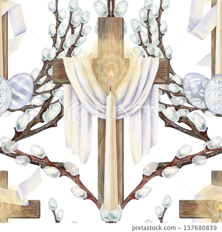 Easter seamless pattern with cross surrounded by willow branches and Easter eggs. Religious watercolor spring design o white background for for church, greeting card, print, textile, packaging Easter seamless pattern with cross surrounded by willow branches and Easter eggs. Religious watercolor spring design o white background for for church, greeting card, print, textile, packaging 137680839