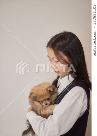 A middle school girl playing with a puppy in her living room. 137681102