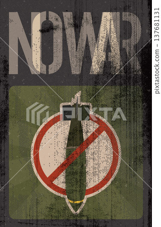 No War calligraphy and stop bombing sign poster with ink stains from copy machine defect printing 137681131