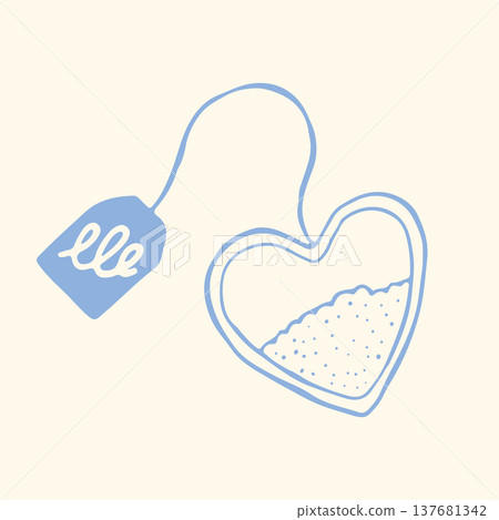 Romantic hand-drawn vector of a heart shaped tea bag with a label. Minimalist blue line art perfect for Valentines Day, wedding invitations, tea shop branding, and cozy lifestyle designs 137681342
