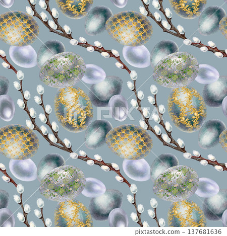 Watercolor Easter pattern with decorated eggs and willow branches in soft spring palette. Seamless design perfect for fabric printing, stationery, packaging, greeting cards, scrapbook, branding 137681636