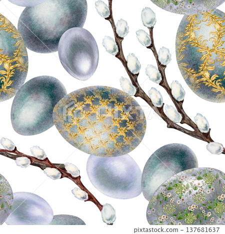 Watercolor Easter pattern with decorated eggs and willow branches in soft spring palette. Seamless design perfect for fabric printing, stationery, packaging, greeting cards, scrapbook, branding Watercolor Easter pattern with decorated eggs and willow branches in soft spring palette. Seamless design perfect for fabric printing, stationery, packaging, greeting cards, scrapbook, branding 137681637