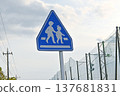 Overcast skies and a pedestrian crossing sign (for schoolchildren) 137681831