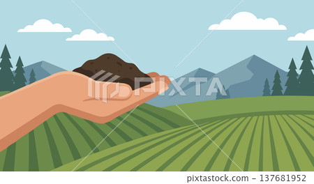 Hand supporting fertile soil above farmland landscape representing growth agriculture environment Hand supporting fertile soil above farmland landscape representing growth agriculture environment 137681952