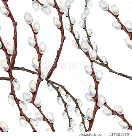 Seamless watercolor pattern with blooming pussy willow branches. Soft hand painted botanical texture of Easter celebration and wedding decor for invitations, stationery, fabric printing, wrapping 137681989