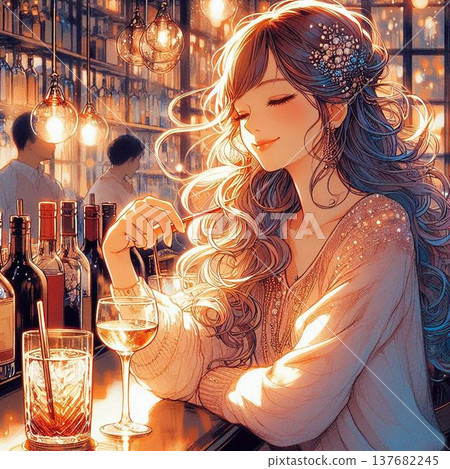 A lovely woman enjoying a drink, a beautiful woman spotted at an izakaya, a femme fatale 137682245