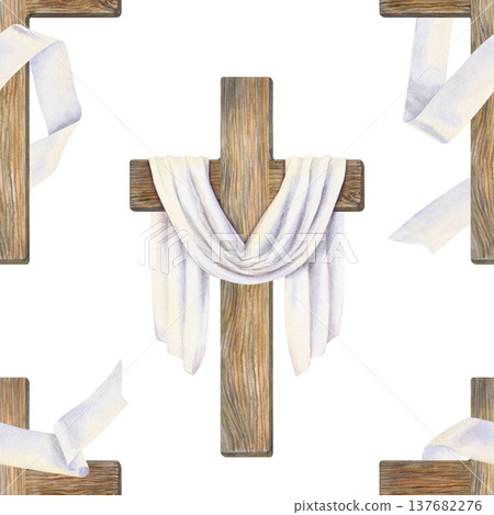 Cristian seamless pattern with wooden cross and draped cloth. Minimal Easter watercolor design on white background for church, religious stationery, fabric printing, greeting cards, packaging 137682276