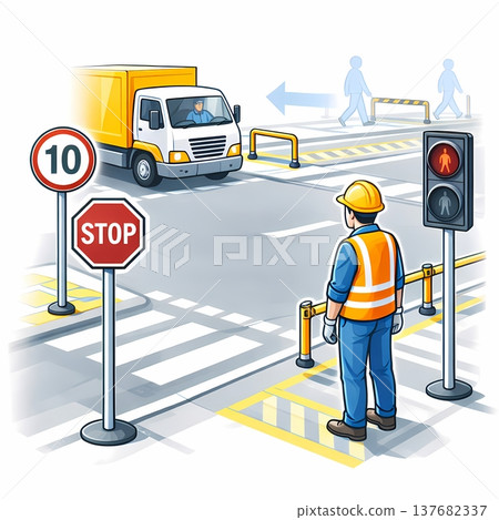 Safety measures illustration for pedestrian crossings inside a factory: Traffic safety management for trucks and pedestrians Safety measures illustration for pedestrian crossings inside a factory: Traffic safety management for trucks and pedestrians 137682337