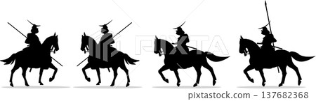A set of four silhouettes of mounted samurai warriors from the Sengoku period, including a mounted warrior holding a spear, all editable vector illustrations. 137682368