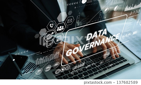 Professional Businessperson Engaging in Data Governance Process with Digital Graphics and Analytics Overlay in Modern Office Environment. Asymptotic smart data analytic 137682589