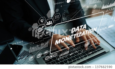 Business Professional Engaged in Data Monetization Concept with Digital Analytics Visuals and Laptop Workstation. Asymptotic smart data analytic Business Professional Engaged in Data Monetization Concept with Digital Analytics Visuals and Laptop Workstation. Asymptotic smart data analytic 137682590