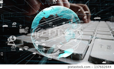 Abstract representation of a digital globe overlaying a keyboard with technology symbols, highlighting connectivity and innovation in the digital age xenic Abstract representation of a digital globe overlaying a keyboard with technology symbols, highlighting connectivity and innovation in the digital age xenic 137682644