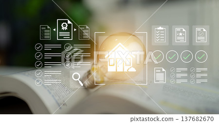 Conceptual visual showcasing homeownership journey with checklist, papers, light bulb, and a house symbol, representing planning and documentation in real estate. Gantry Conceptual visual showcasing homeownership journey with checklist, papers, light bulb, and a house symbol, representing planning and documentation in real estate. Gantry 137682670