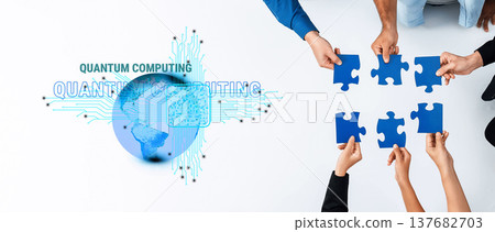 Collaborative Efforts in Quantum Computing with Hands Holding Puzzle Pieces and Global Digital Elements Trope 137682703